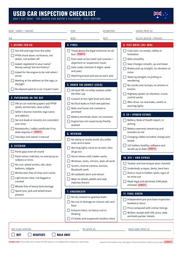 Printable one-page used car inspection checklist